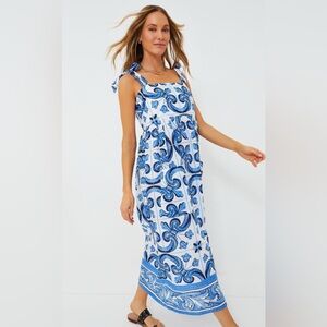 Tuckernuck Tilly Caftan Dress S Capri Blue Majolica Tile Print Tie Shoulder‎ NEW